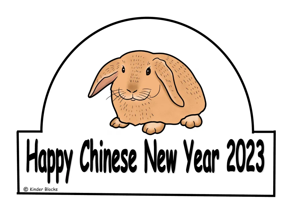 Color crown template featuring a brown lop-eared rabbit and the greeting 'Happy Chinese New Year 2023'