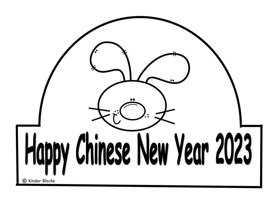 Blackline crown template featuring a cartoon rabbit face to color and 'Happy Chinese New Year 2023'