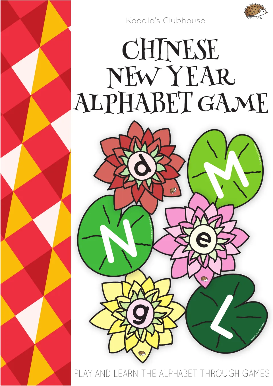 Cover of the Chinese New Year alphabet game, showing lowercase lotus flowers and uppercase lily pad cards