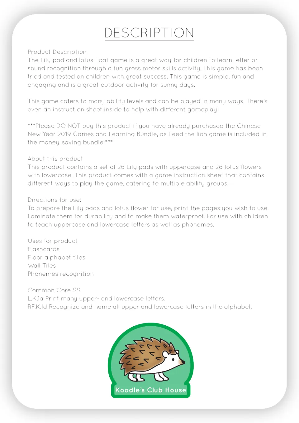 Alphabet game overview lists 26 uppercase lily pads, 26 lowercase lotus flowers, and preparation directions