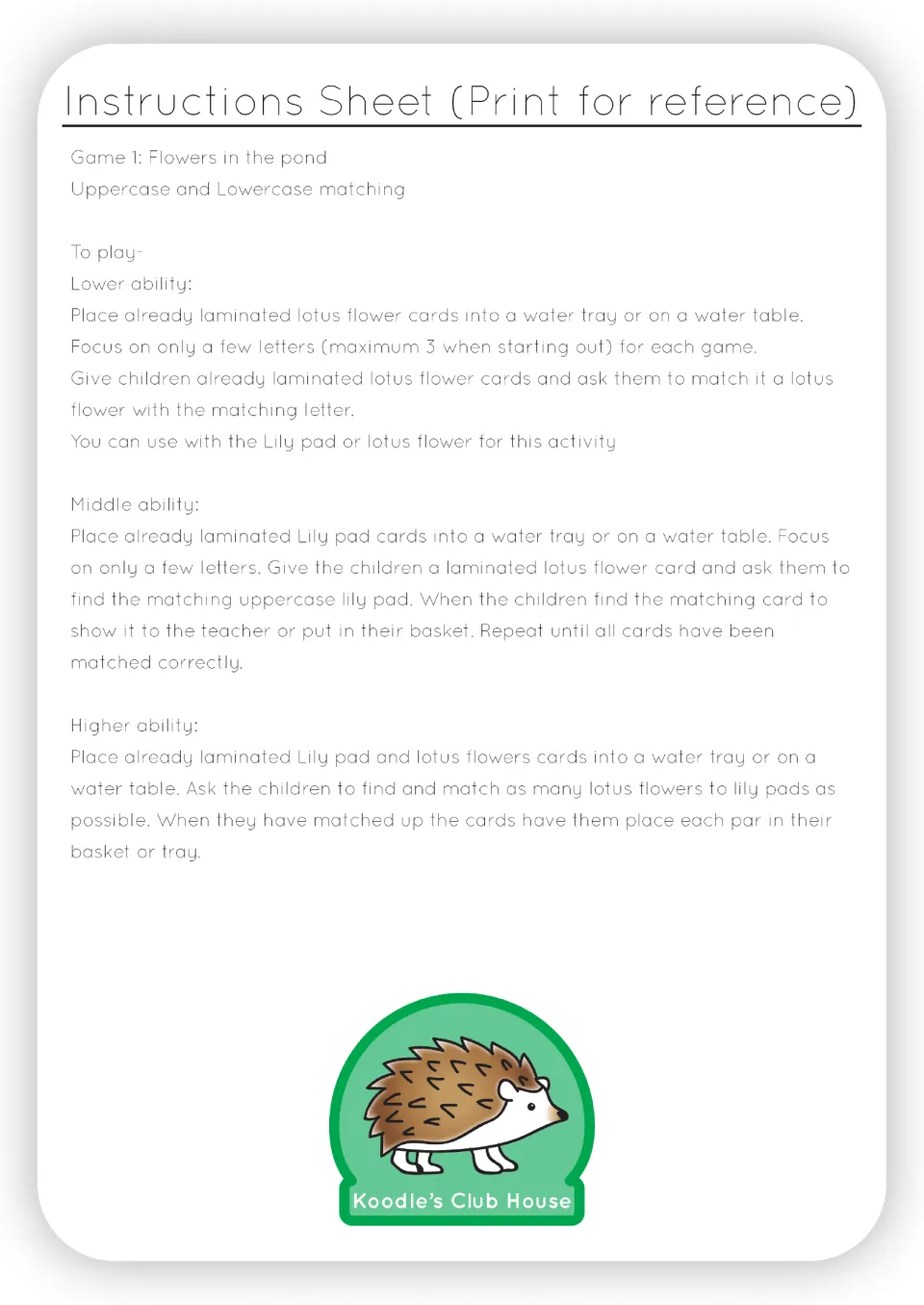 Flowers in the Pond game instructions explain letter matching with lily pads and lotus flowers at three levels