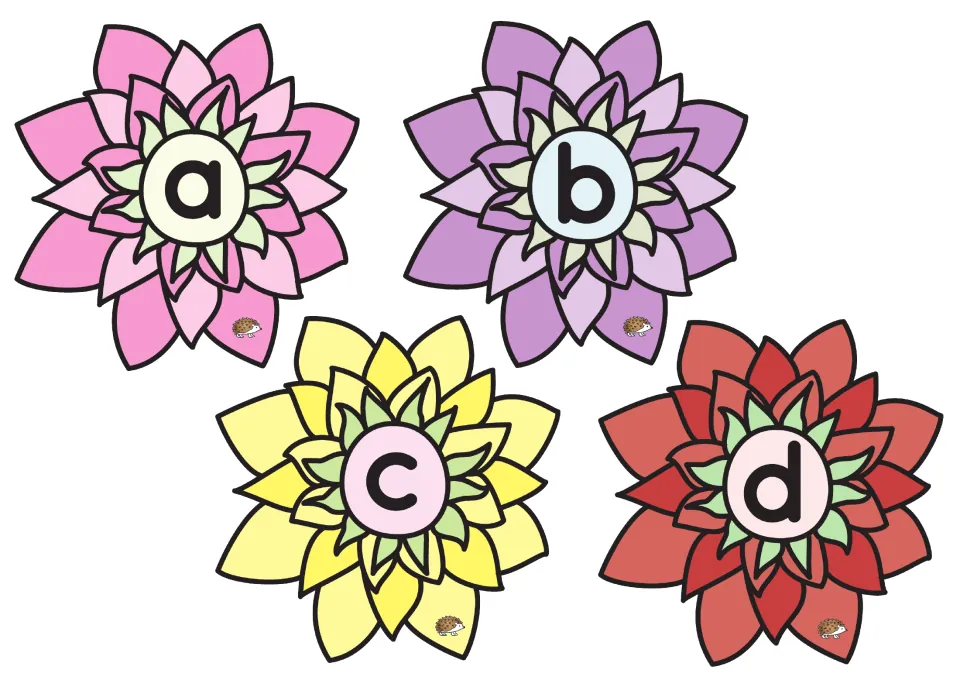 Lowercase lotus flower cards a, b, c, and d begin the 26-letter set for matching with uppercase lily pads