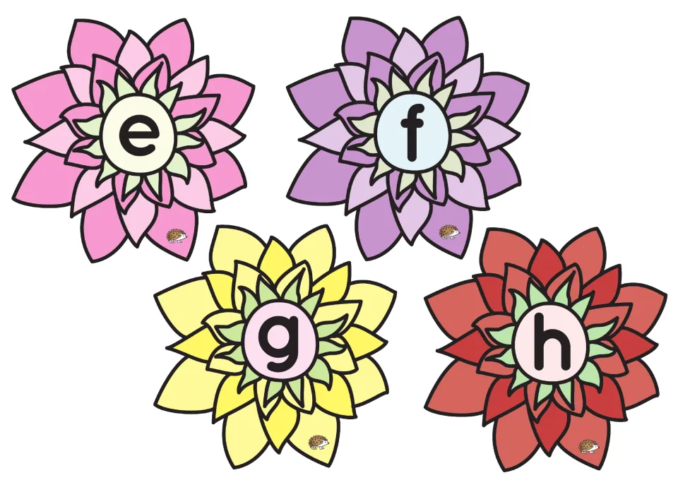 Lowercase lotus flower cards e, f, g, and h continue the alphabet set for matching with uppercase lily pads