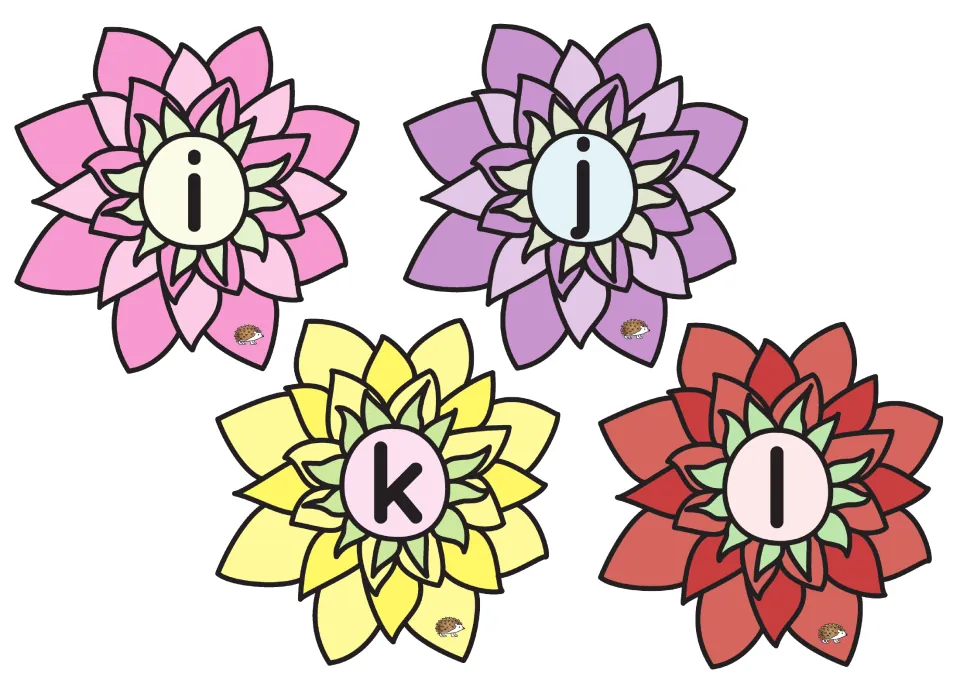 Lowercase lotus flower cards i, j, k, and l provide the next four letters to match with uppercase lily pads