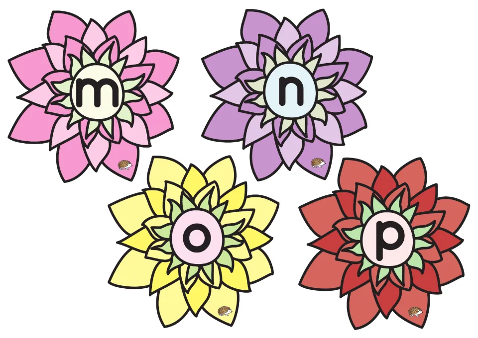 Lowercase lotus flower cards m, n, o, and p extend the alphabet set for matching with uppercase lily pads