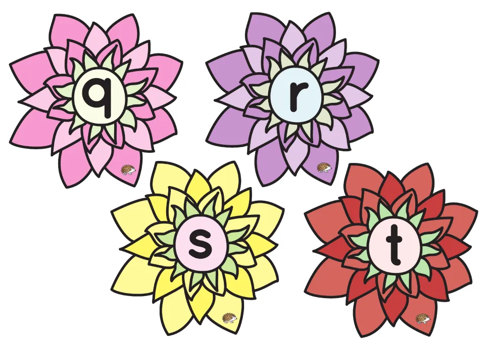 Lowercase lotus flower cards q, r, s, and t supply four more letters for matching with uppercase lily pads
