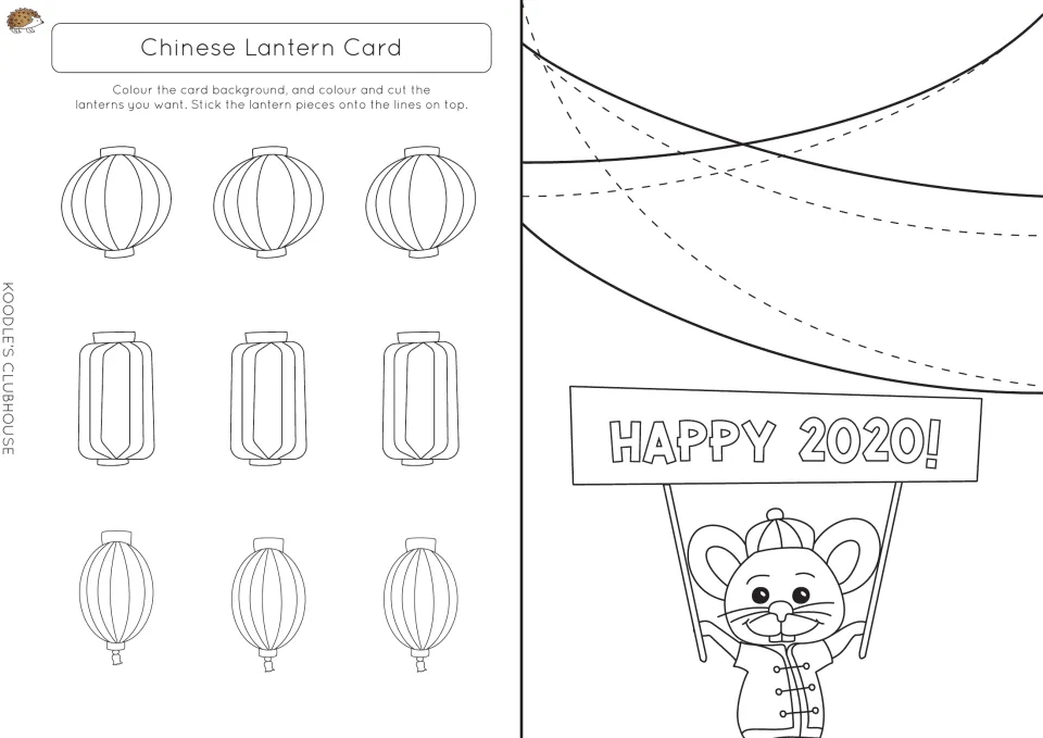 Chinese Lantern Card: students colour and cut nine lanterns of three shapes to stick on strings over a Happy 2020 rat