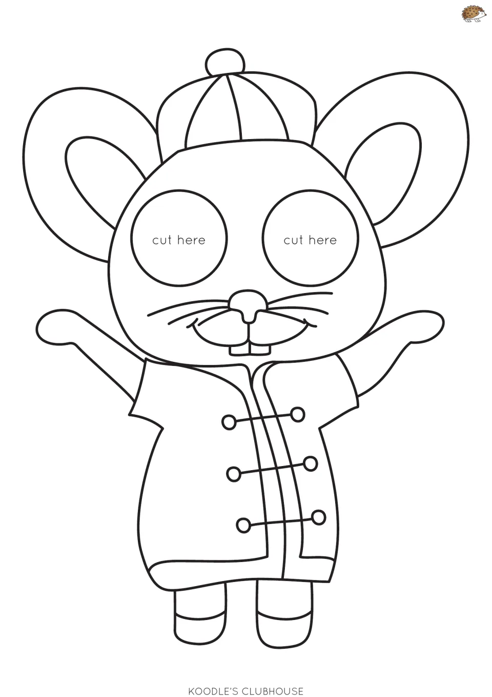 Zodiac rat template in a Chinese jacket and cap to colour and cut out, with both eye circles marked cut here