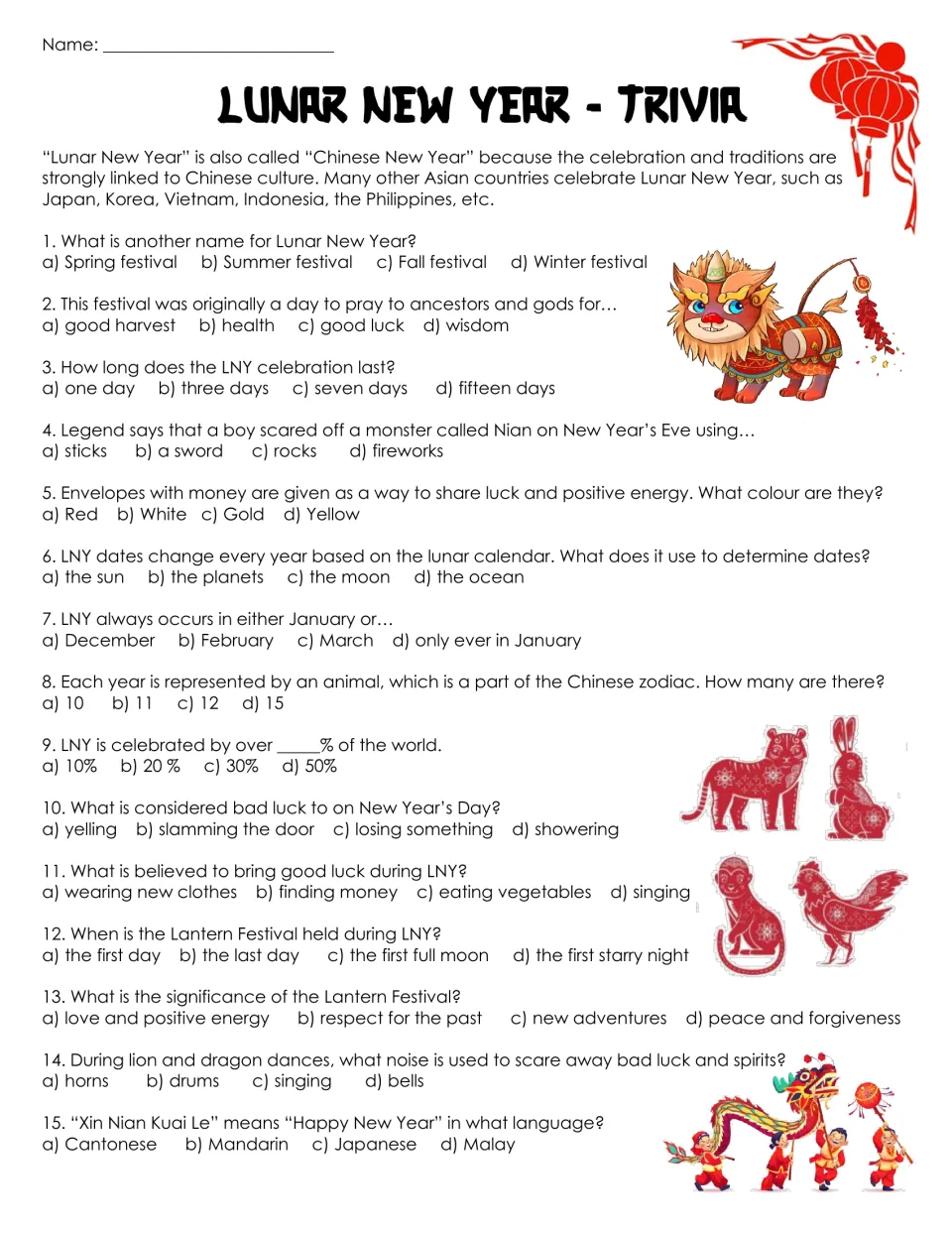 Lunar New Year trivia worksheet: 15 multiple-choice questions on red envelopes, the zodiac, and traditions.