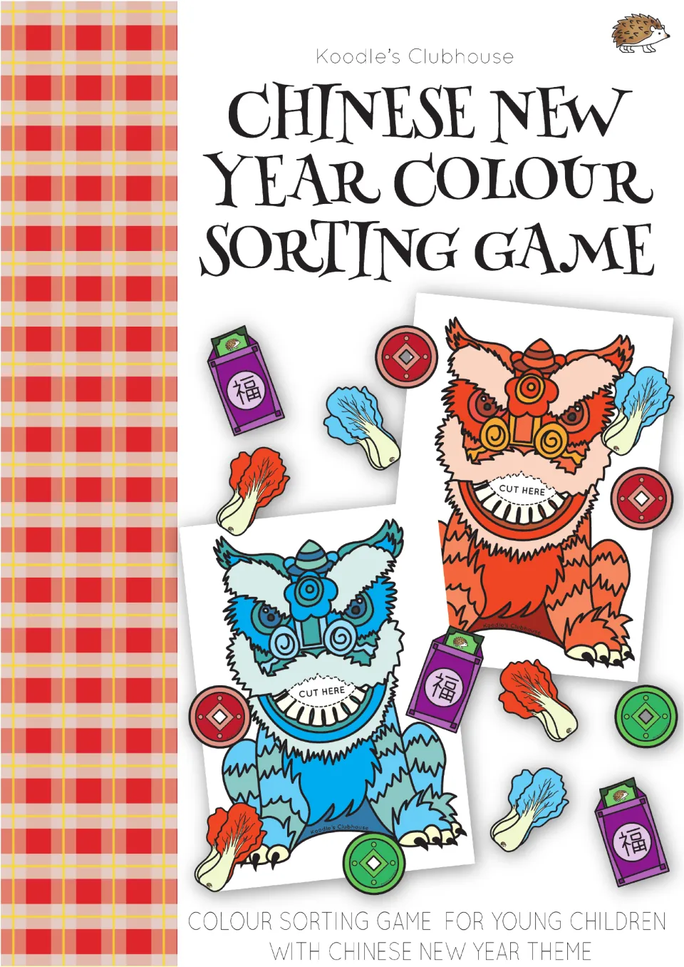 Cover of the Chinese New Year color-sorting game, showing lions and matching vegetable, envelope, and coin counters