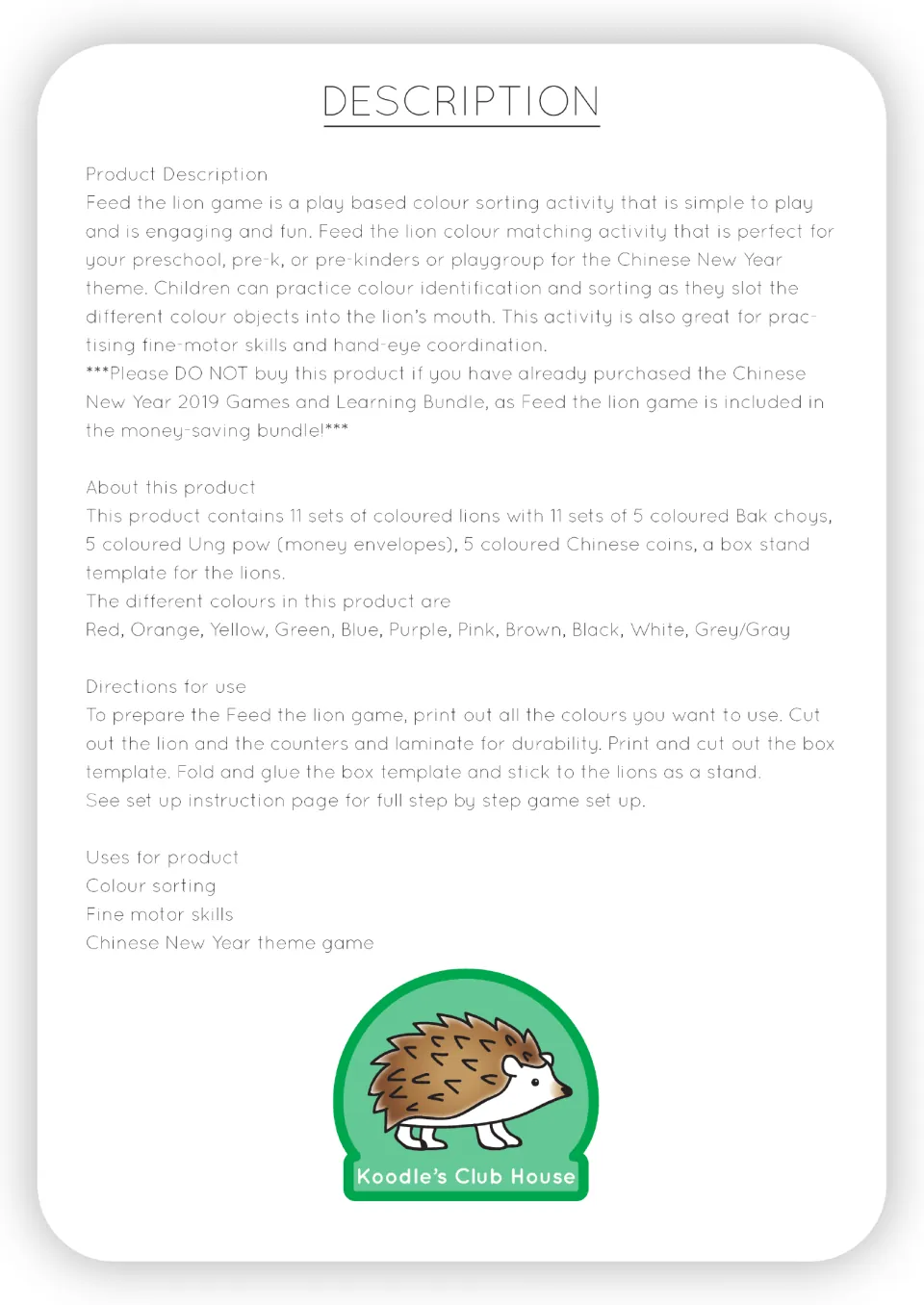 Game overview listing 11 lion colors, bok choy, money envelope and coin counters, plus preparation directions