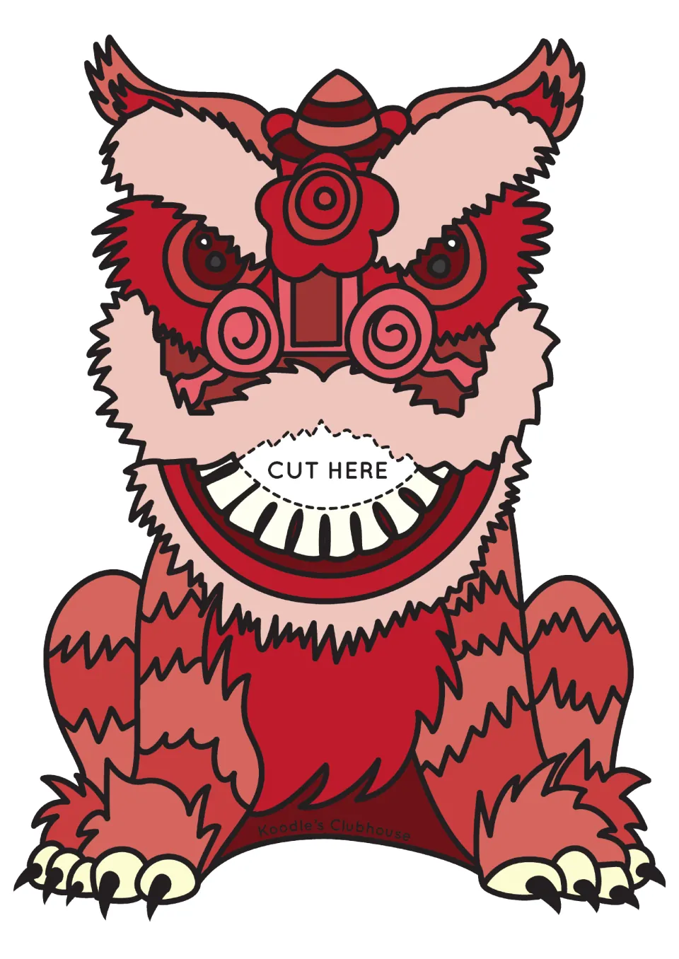 Red lion cutout for the color-sorting game, with a mouth opening marked 'CUT HERE' for feeding matching counters
