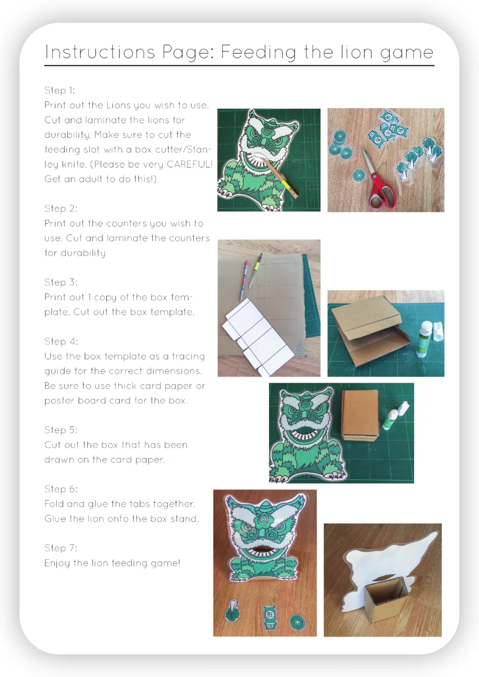 Feeding the lion setup steps: photos show cutting the mouth slot, laminating counters and gluing a box stand to the lion