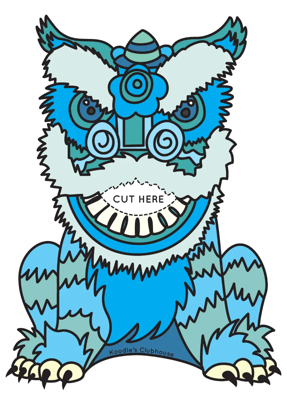 Blue lion cut-out with a 'CUT HERE' mouth slot; children feed it only blue bok choy, coins and envelopes to sort by colour