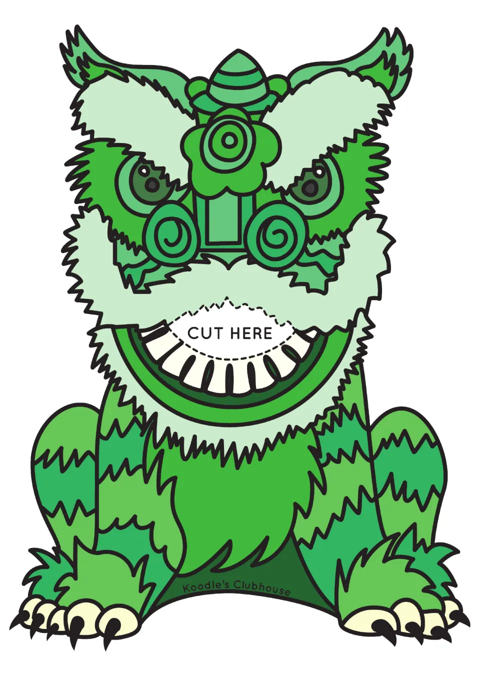 Green lion cut-out with a 'CUT HERE' slot in its mouth for posting green counters during colour identification play