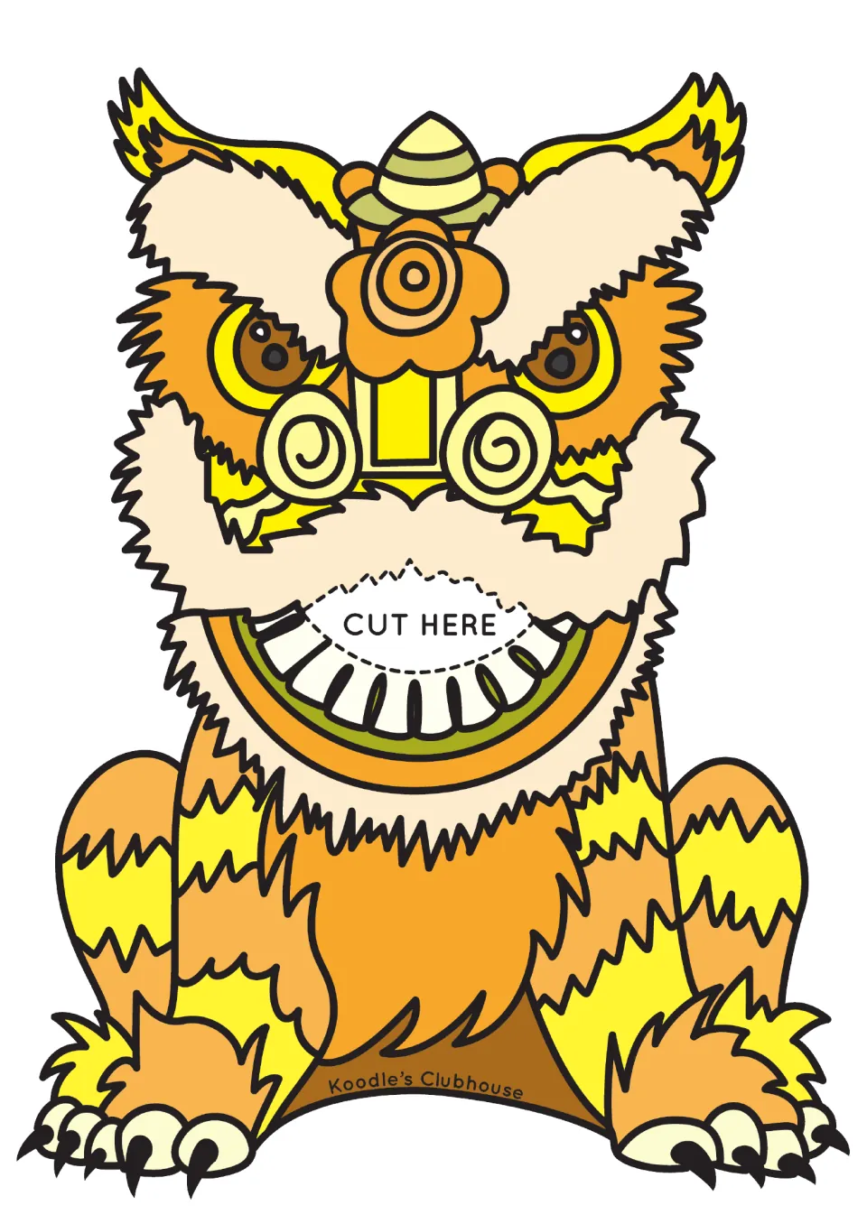 Yellow lion cut-out with orange stripes and a 'CUT HERE' mouth slot for feeding yellow counters in the colour sort