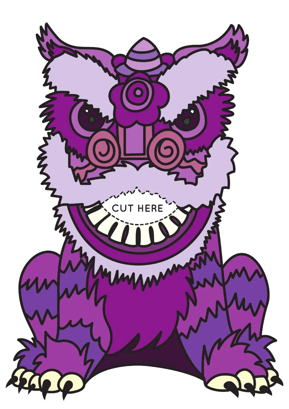 Purple lion cut-out with a dashed 'CUT HERE' mouth opening where children post purple counters to name and sort colours