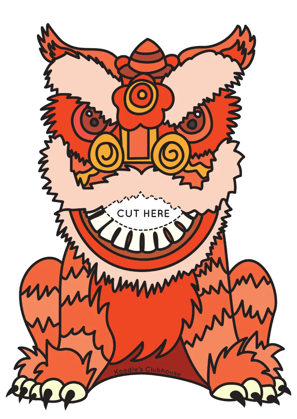 Orange lion cut-out with a 'CUT HERE' mouth slot; pair with orange counters so children can tell orange apart from red