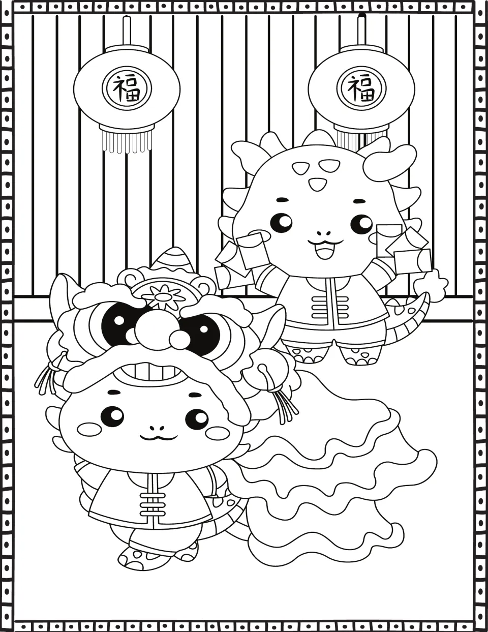 Lunar New Year lion dance: students color a baby dragon in a lion head costume, a second dragon tossing red envelopes