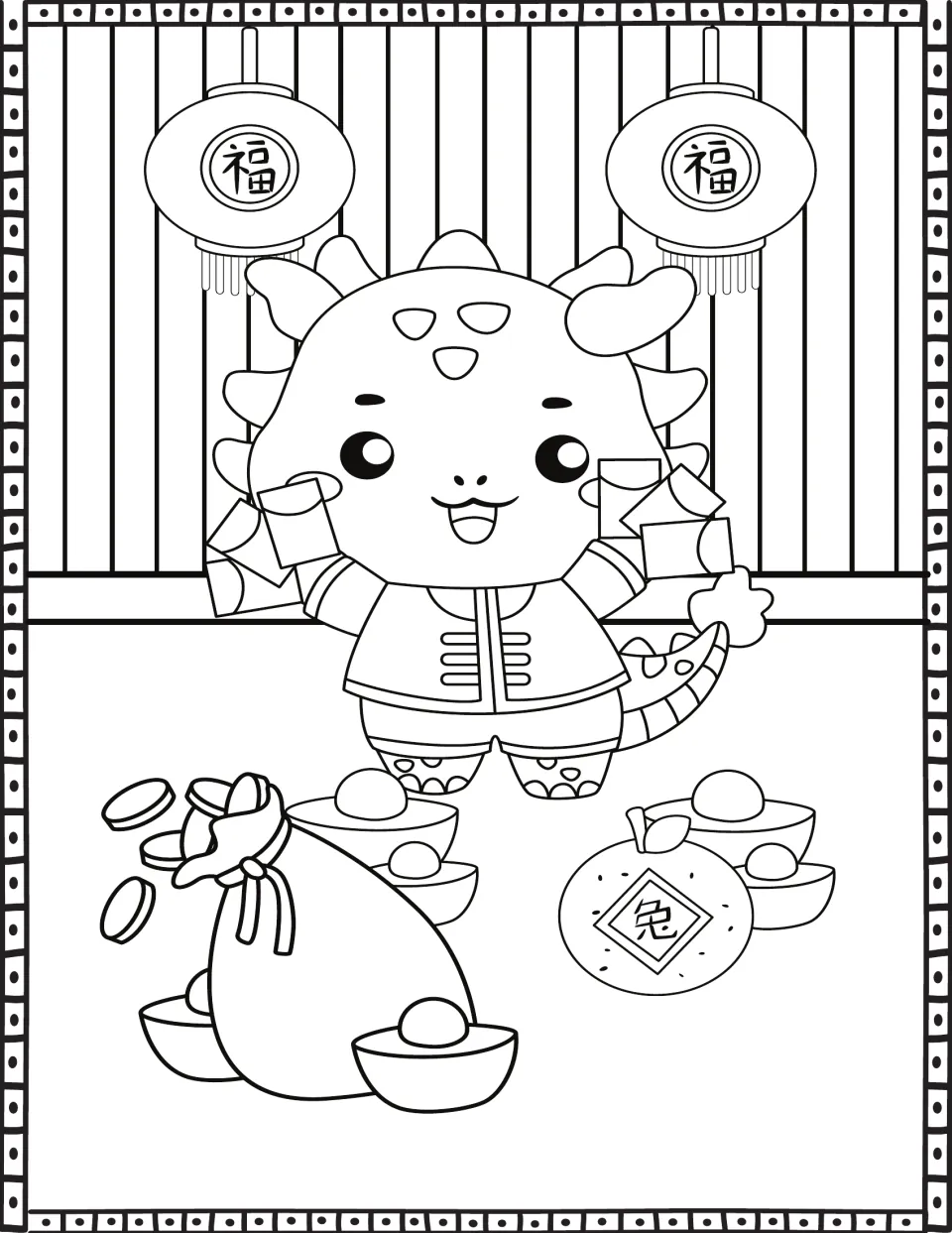 Good fortune symbols: color a dragon holding red envelopes with gold ingots, a coin bag and a mandarin orange tagged 兔