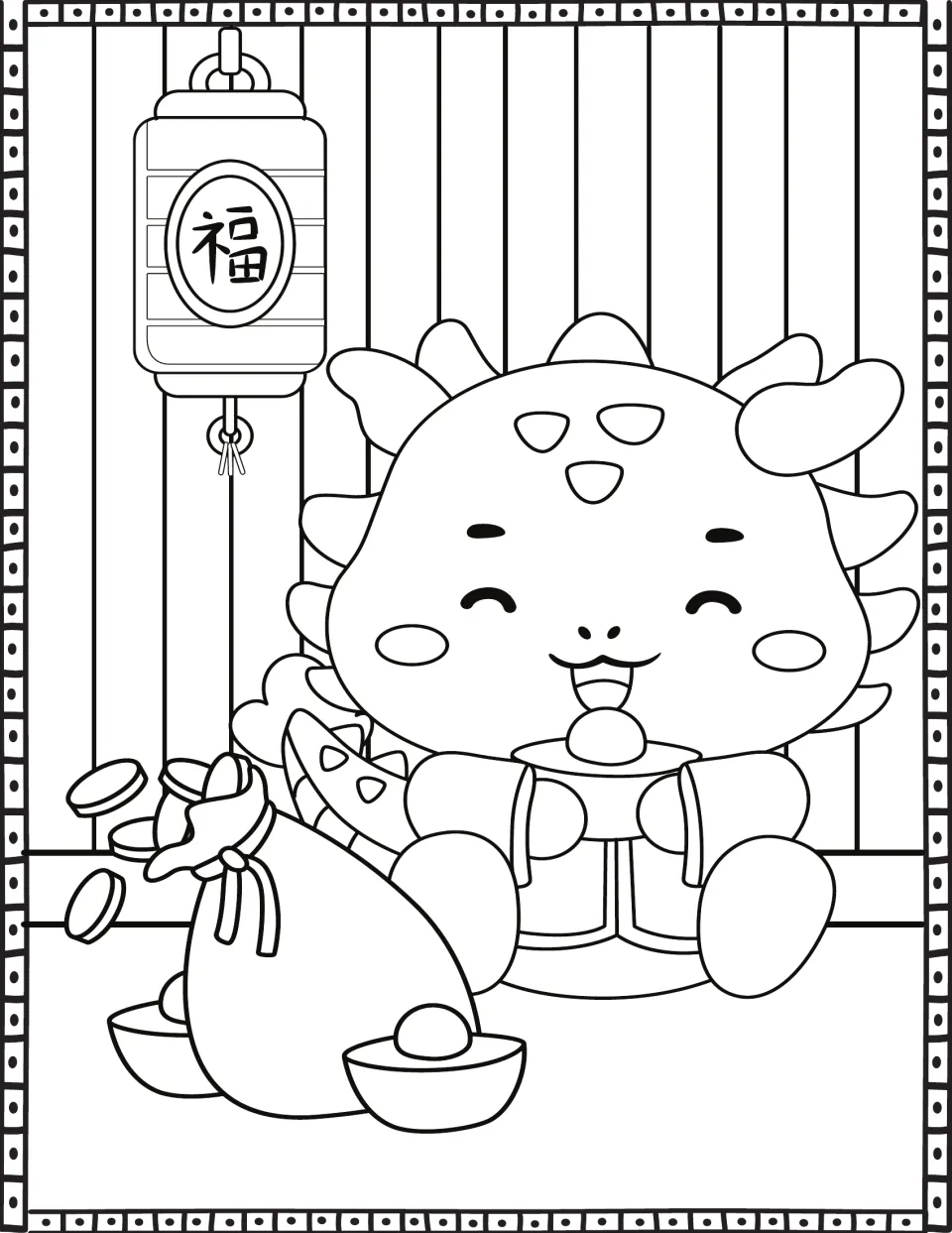 Prosperity scene to color: a seated, smiling dragon holds a gold ingot beside a sack spilling coins under a 福 lantern