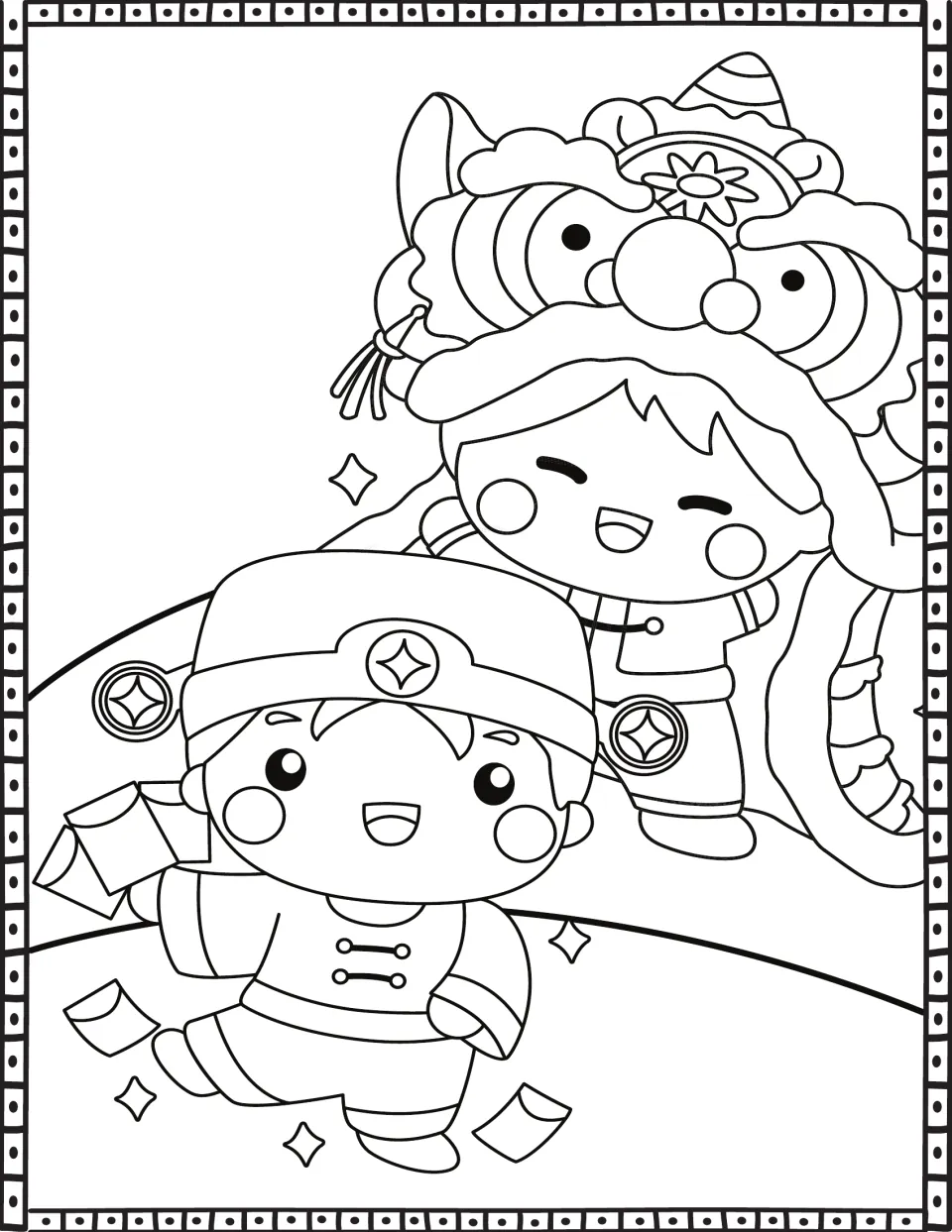 Festival parade: color a child under a lion dance head and a boy in a coin-trimmed hat tossing red envelopes on a hill