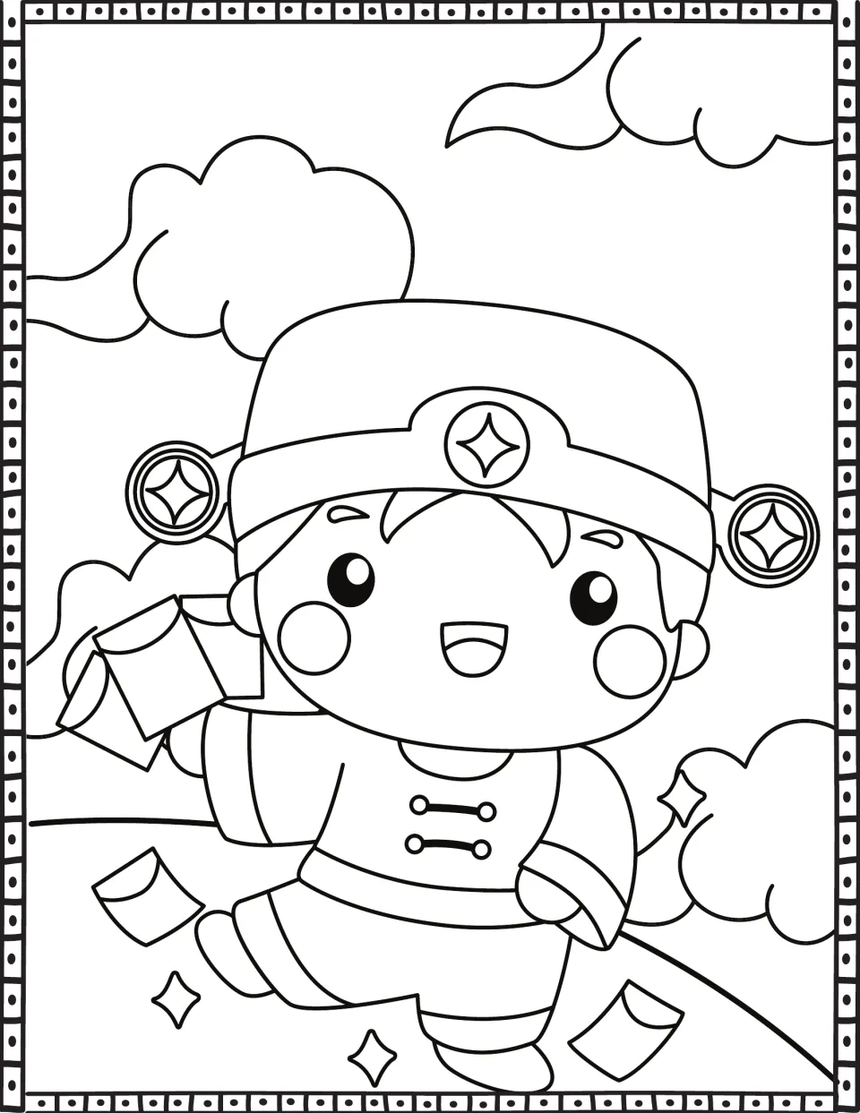Lucky coin hat: a cheerful boy in a tall hat with coin ornaments carries red envelopes past clouds, ready to color