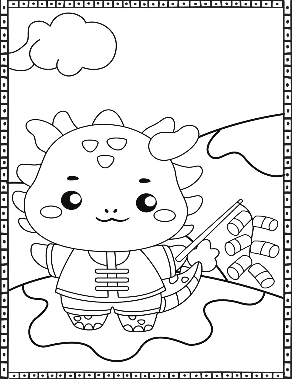 Firecracker celebration: color a baby dragon in a buttoned Chinese jacket holding a string of firecrackers on a pole