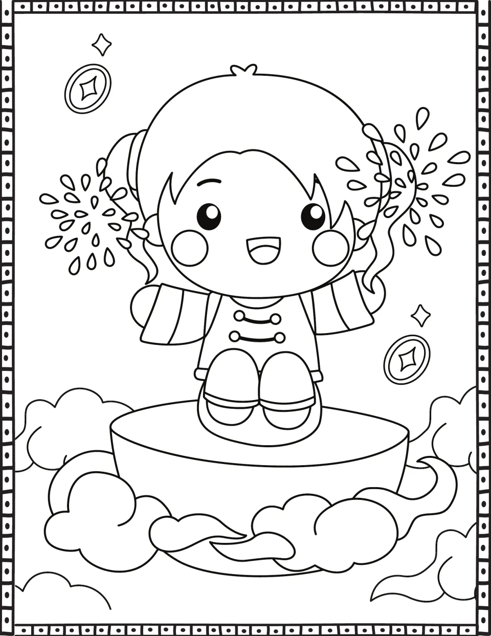 Fireworks on the clouds: a girl with hair buns sits on a gold ingot waving sparklers, with lucky coins floating to color