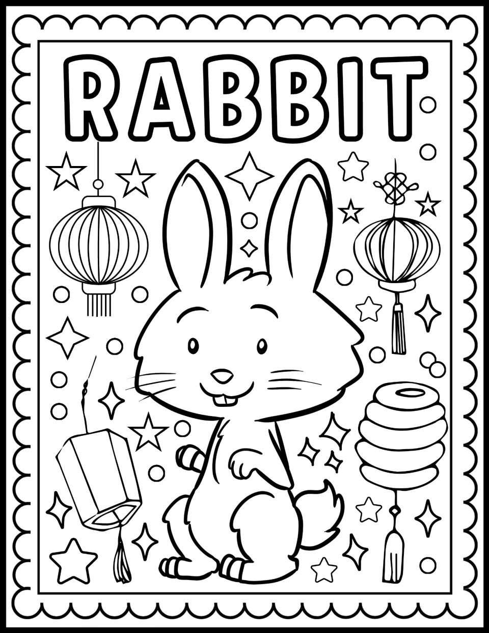 Rabbit zodiac coloring page: students color a smiling rabbit under the heading RABBIT, with paper lanterns and stars