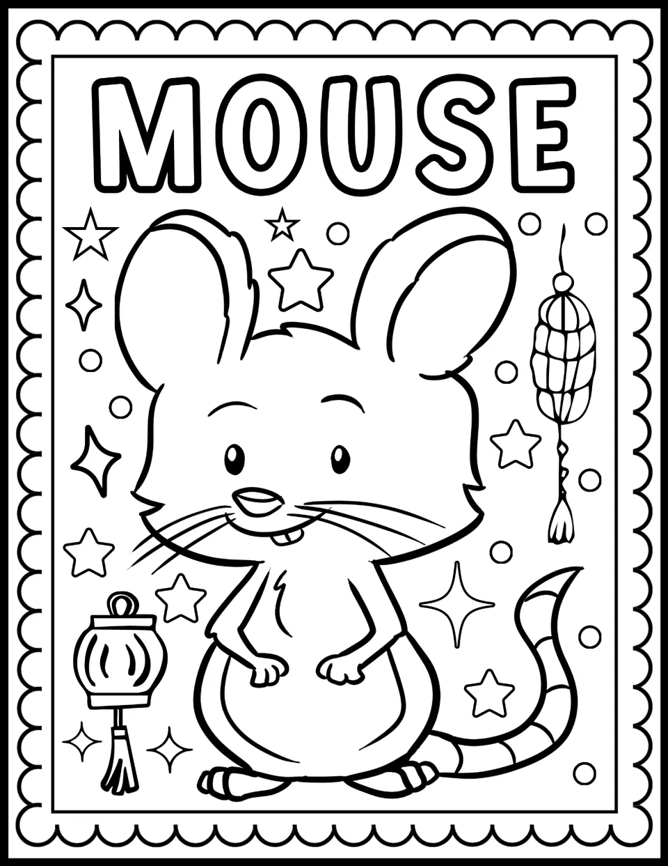 Mouse zodiac coloring page: students color a cartoon mouse with a striped tail beside hanging lanterns, stars and dots