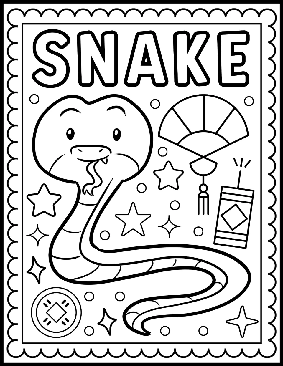 Snake zodiac coloring page: students color a coiled snake with a folding fan, a firecracker, a lucky coin and stars