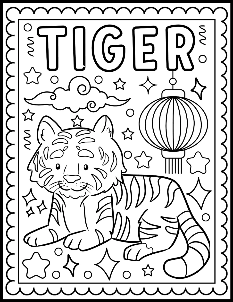 Tiger zodiac coloring page: students color a striped tiger lying beneath a swirly cloud and a round paper lantern