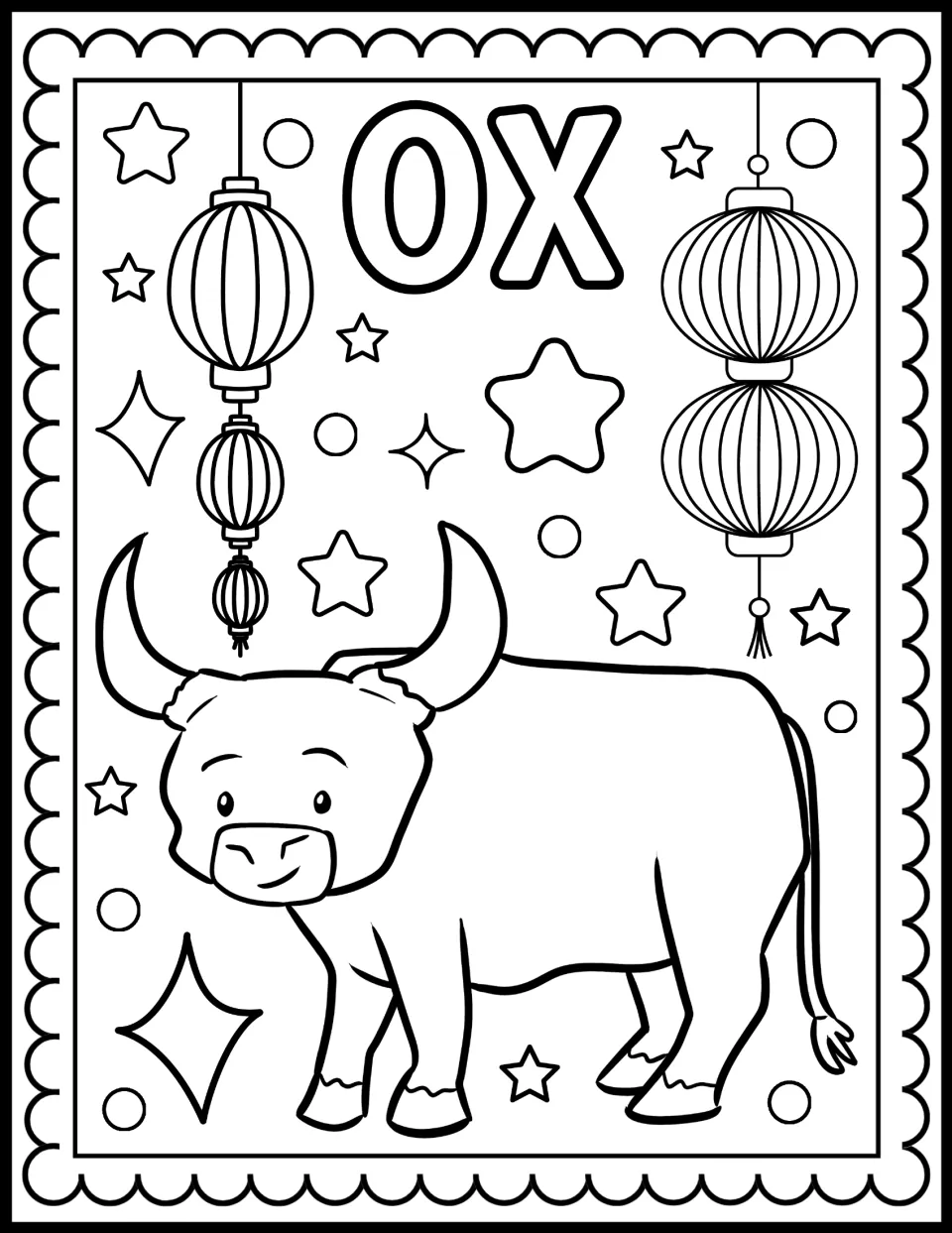 Ox zodiac coloring page: students color a horned ox standing below strings of hanging round lanterns and stars