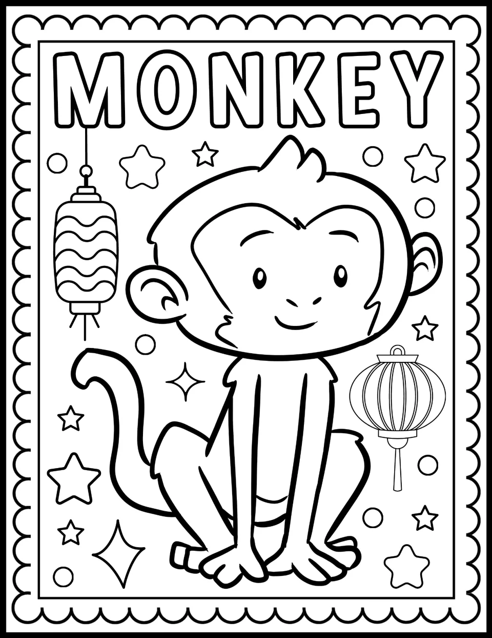 Monkey zodiac coloring page: students color a sitting monkey with a curled tail between two paper lanterns and stars