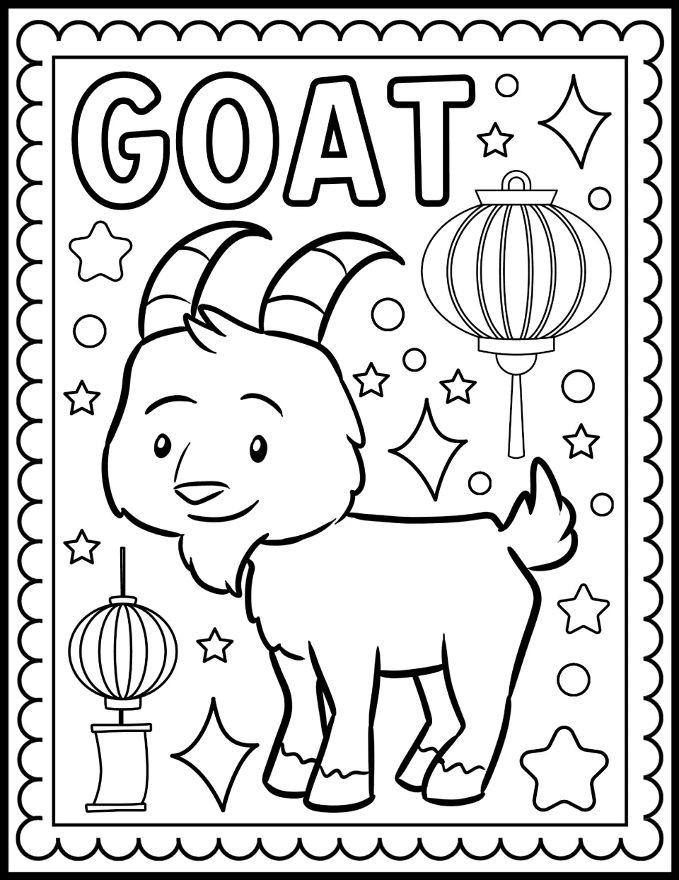 Goat zodiac coloring page: students color a bearded goat with curved horns next to two round paper lanterns and stars