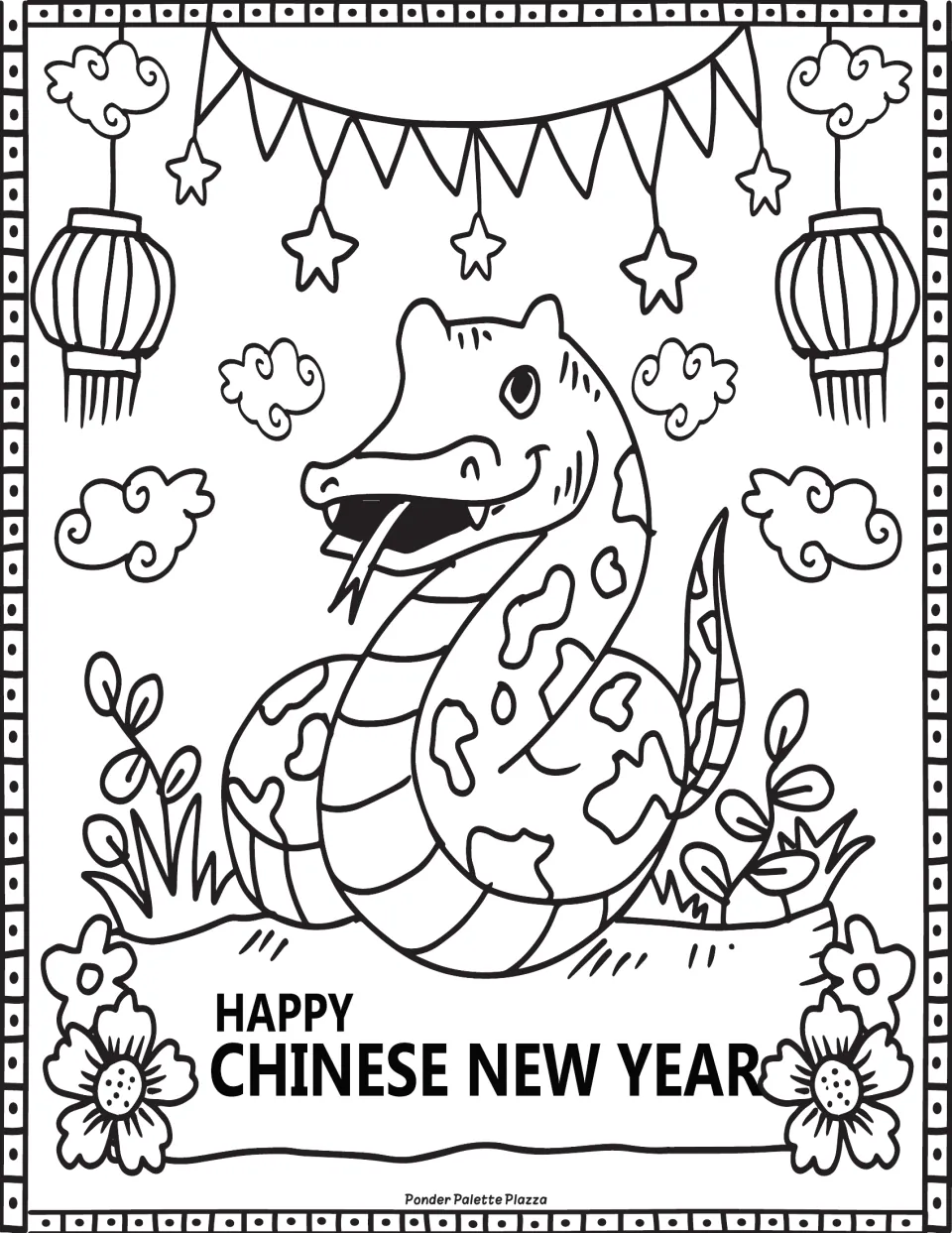 Happy Chinese New Year snake coloring page: students color a smiling snake under lanterns, stars, clouds and flowers