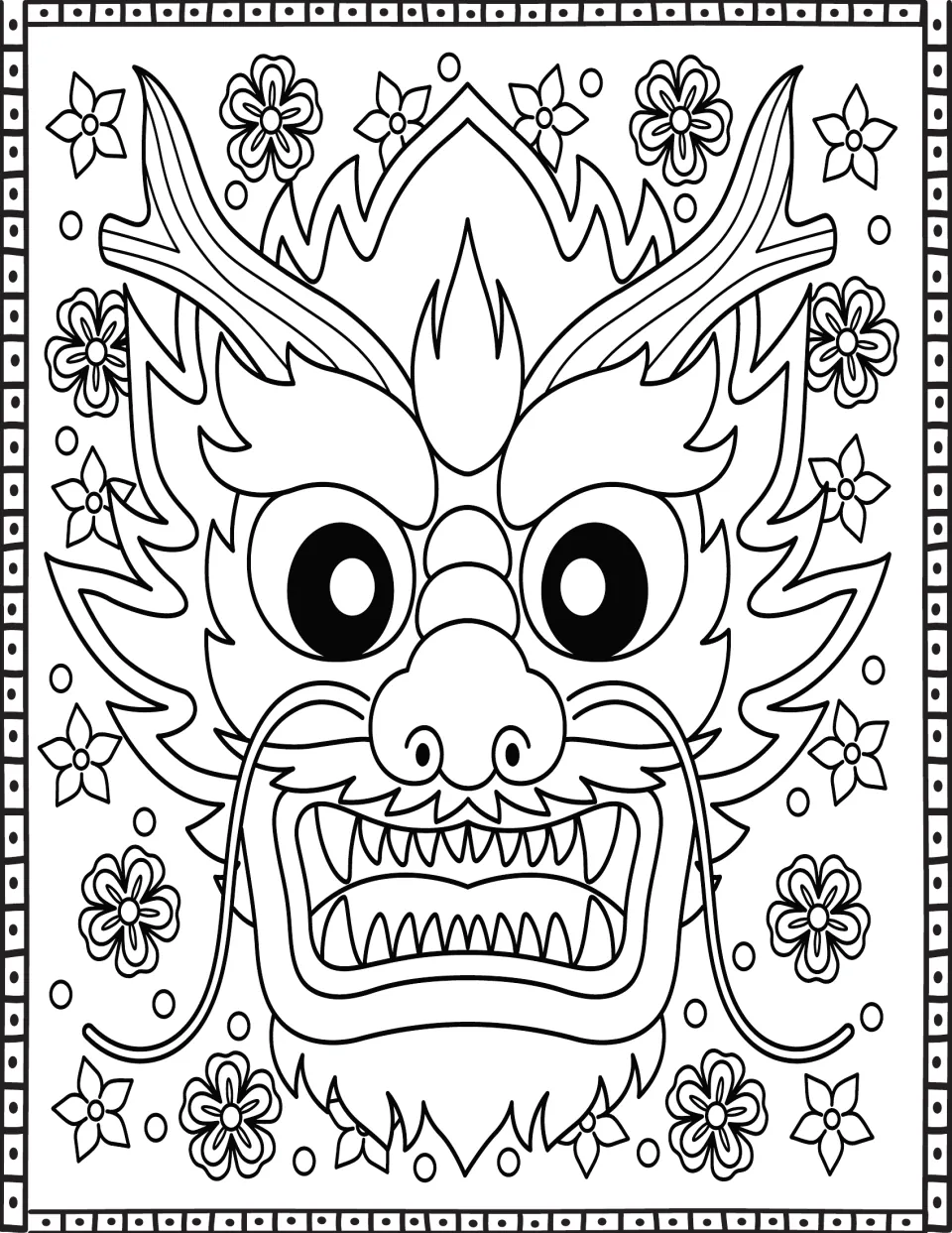 Chinese dragon mask coloring page: students color a fierce dragon face with horns and sharp teeth among blossoms