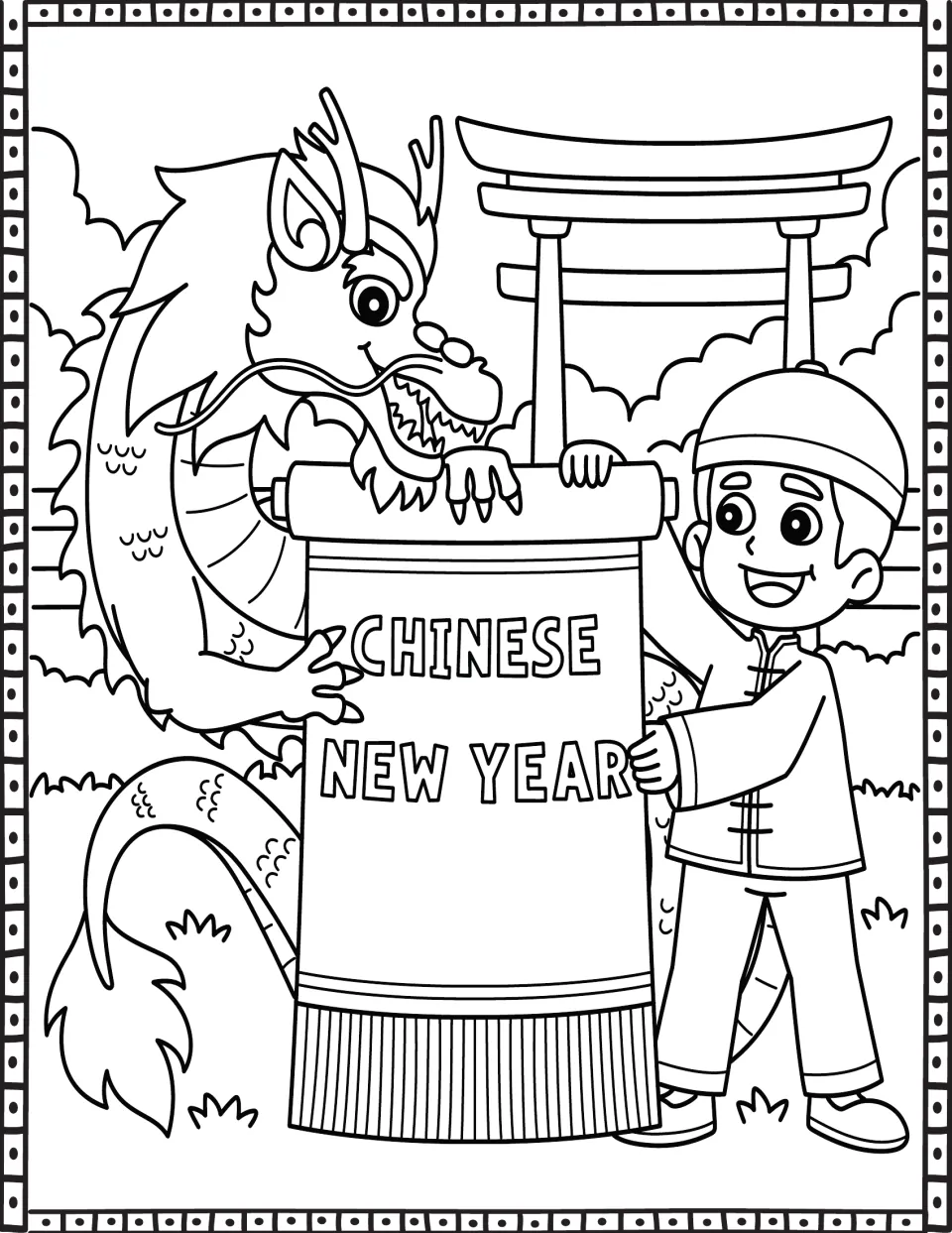 Dragon and boy holding a Chinese New Year scroll: students color the pair in front of a gate, bushes and grass