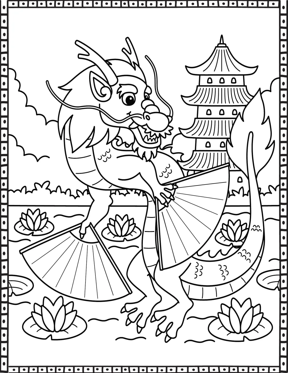 Fan-dancing dragon coloring page: students color a dragon holding two folding fans by a pagoda and lotus pond