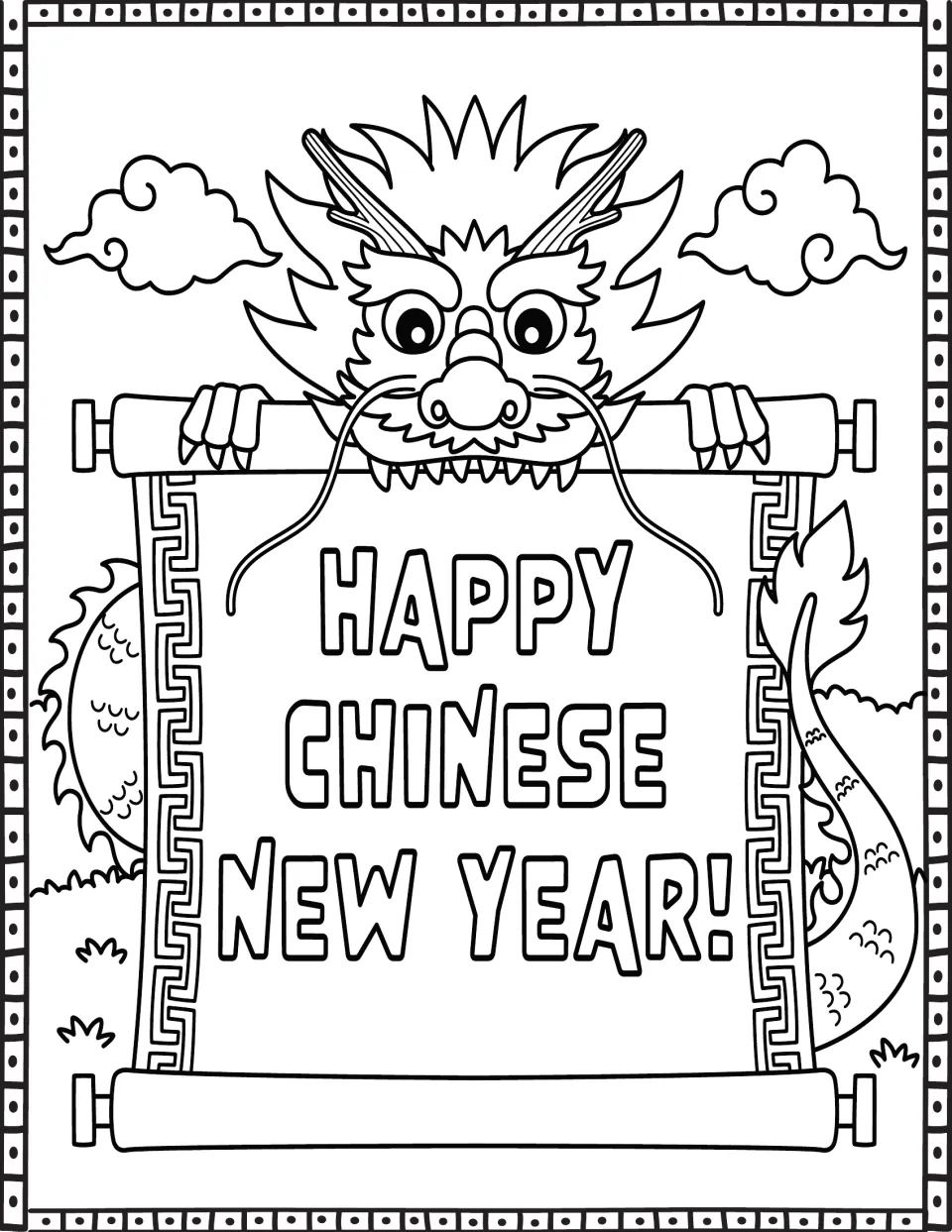 Happy Chinese New Year! scroll coloring page: students color a dragon peeking over the hanging scroll among clouds