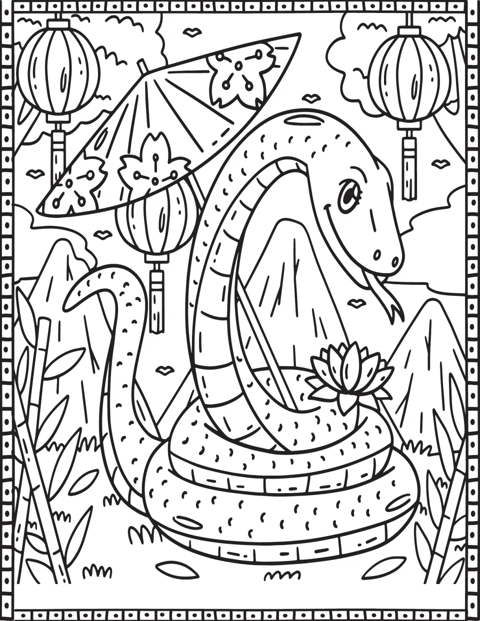 Coiled snake coloring page: students color a snake with a lotus flower beside a parasol, lanterns, bamboo and hills