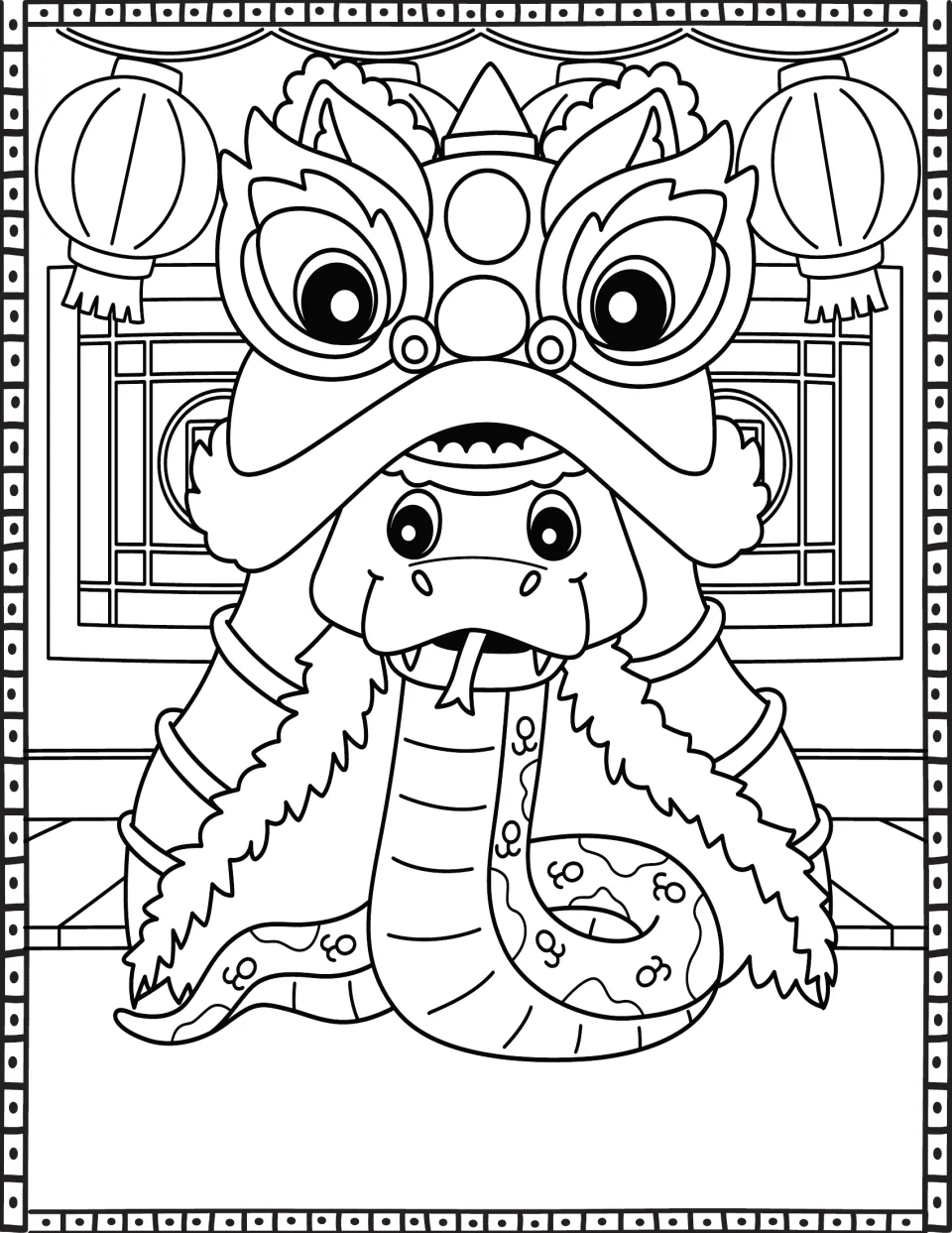 Lion dance snake coloring page: students color a snake wearing a lion dance head costume under hanging lanterns