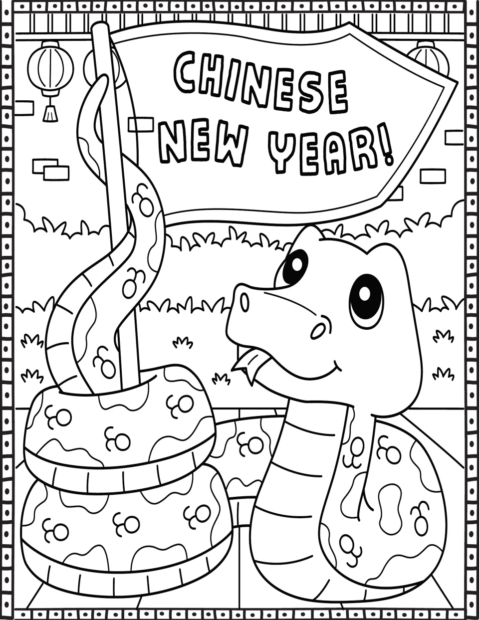 Chinese New Year! banner coloring page: students color a smiling snake coiled around a flagpole in a lantern garden