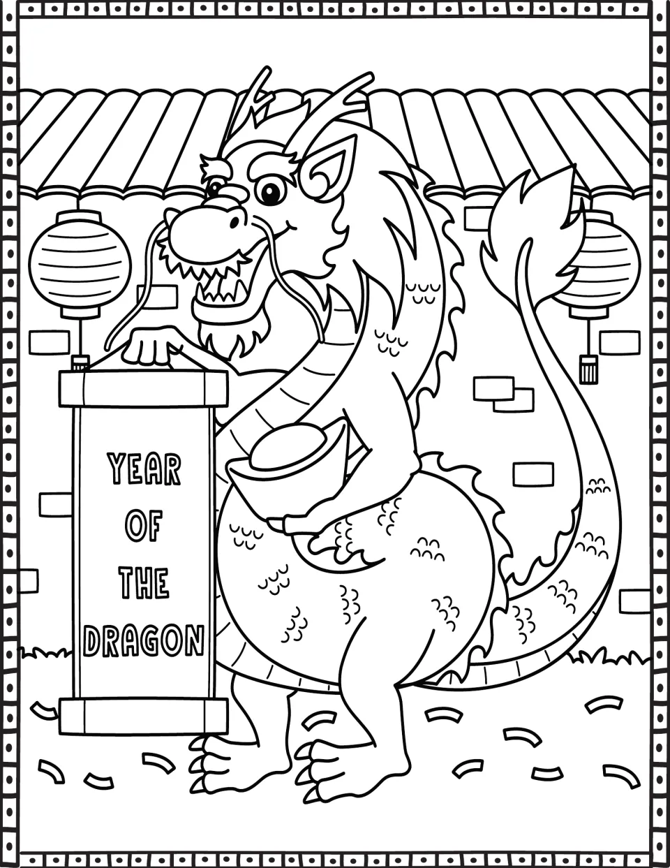 Year of the Dragon coloring page: students color a dragon holding a gold ingot beside a scroll, lanterns and confetti