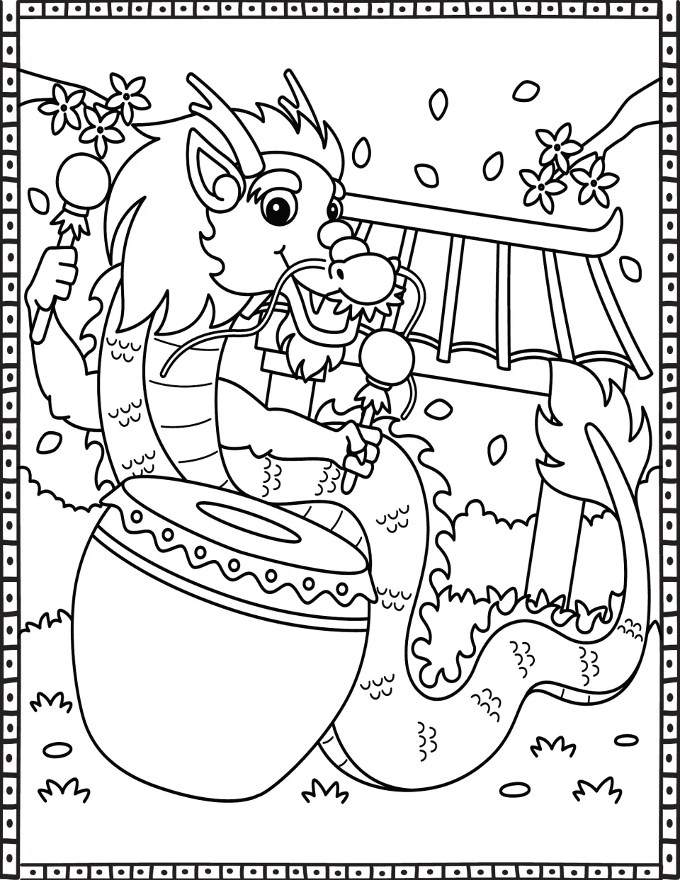 Drumming dragon coloring page: students color a dragon beating a festival drum with two mallets under blossoms