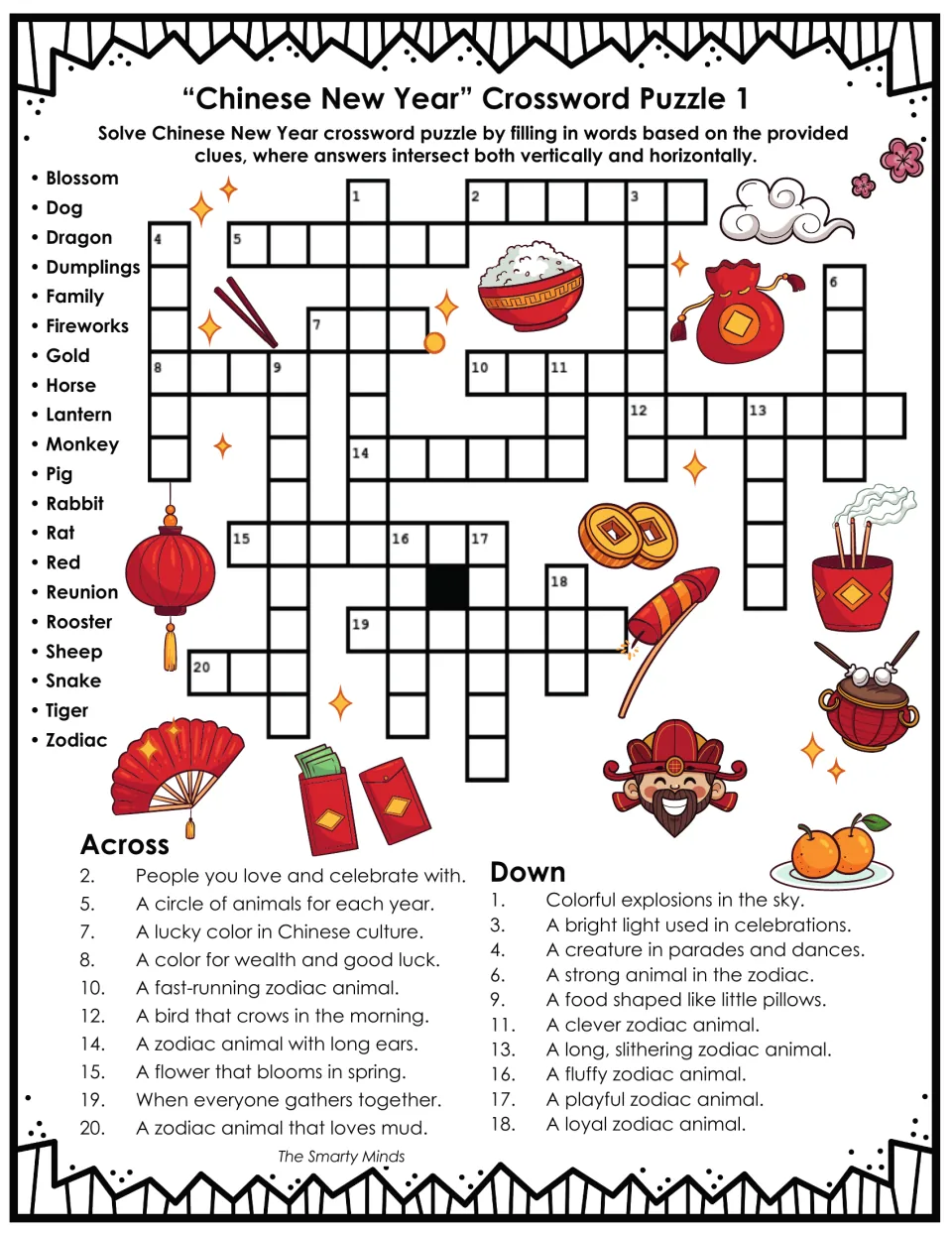 Chinese New Year crossword 1: students solve 20 clues on zodiac animals, lanterns, dumplings and fireworks using a word bank