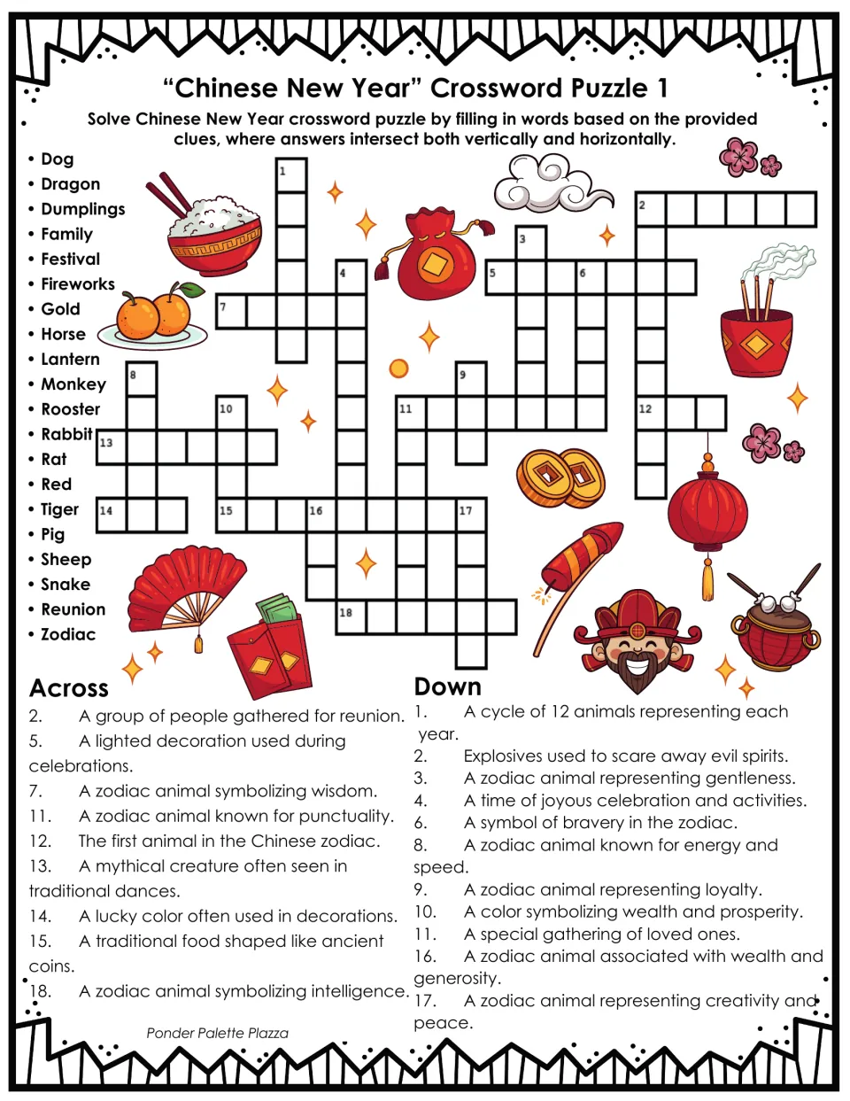 Chinese New Year crossword 1 with 20 word-bank terms, including zodiac, dumplings, lantern, and reunion.