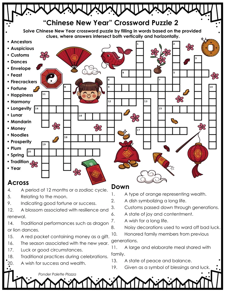 Chinese New Year crossword 2 with 20 word-bank terms, including ancestors, noodles, and prosperity.