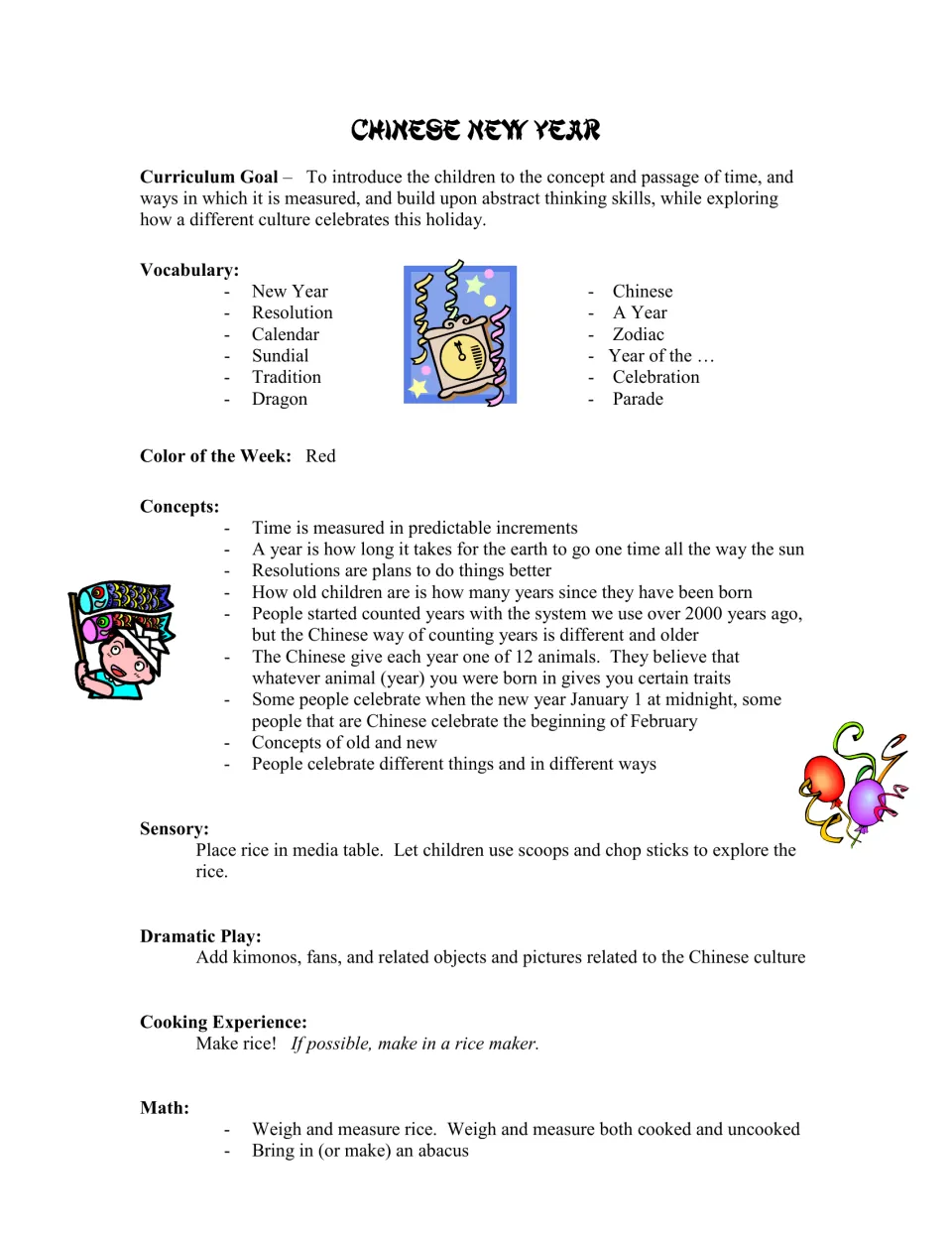 Curriculum overview introduces time, New Year vocabulary, red as color of the week, and rice activities